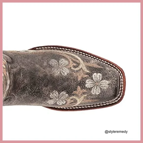 Distressed Leather Embroidered Snip Toe Western Boots Mid Calf - Picture 2 of 7